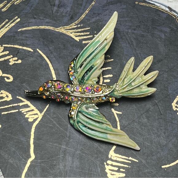 Vintage Sparkling AB Crystal Green and Gold Enamel Bird Brooch D3 - Picture 5 of 7